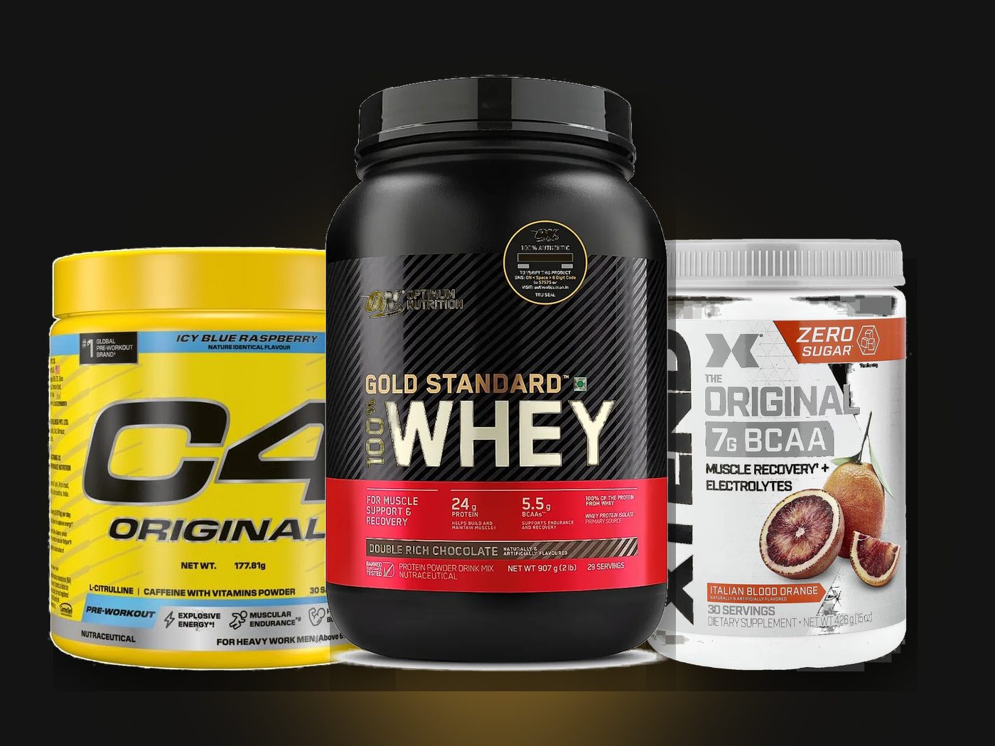 Optimum Nutrition Gold Standard Whey, Cellucor C4 and Xtend BCAA tubs